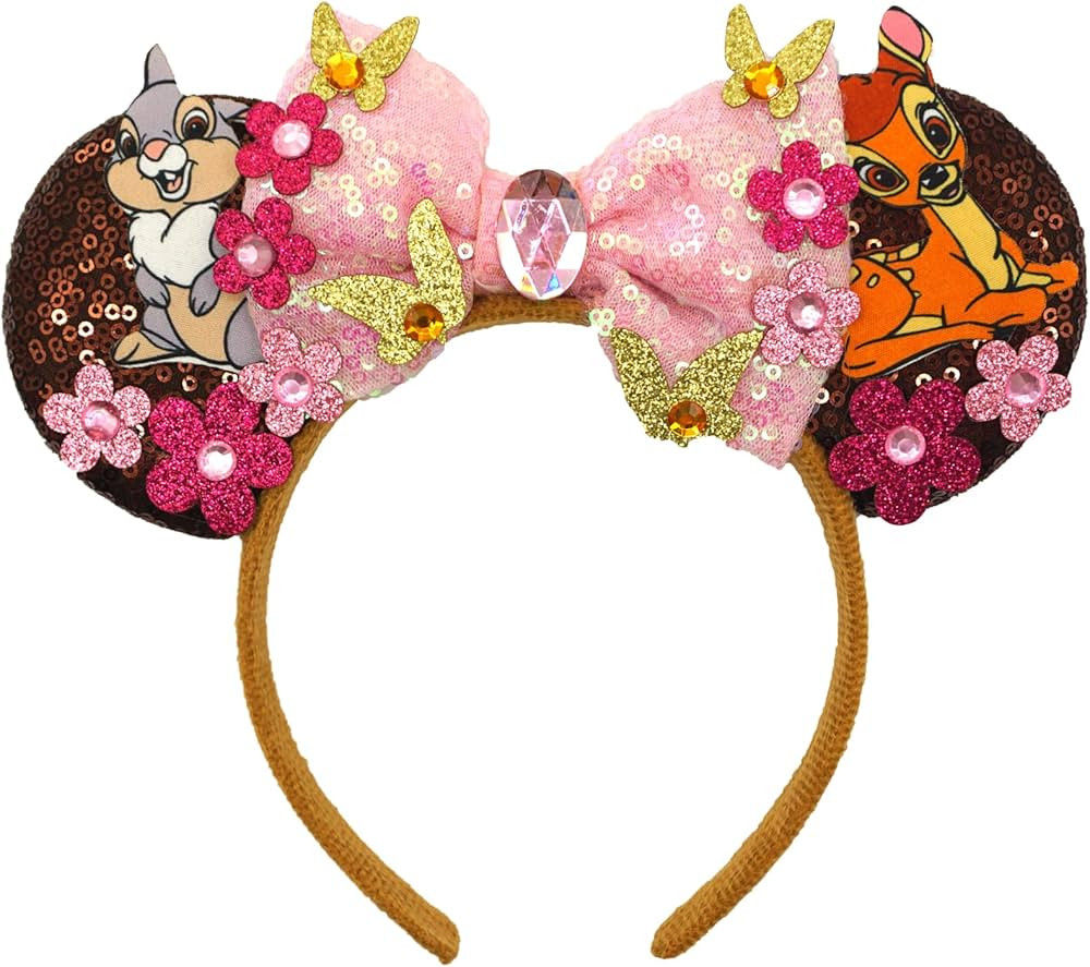 ZHENNAN Mouse Ears Headbands for Women, Glitter Bambi and Thumper Bows Ears Headbands with Flower... | Amazon (US)