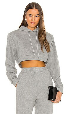 Michael Costello x REVOLVE Cropped Power Shoulder Hoodie in Grey from Revolve.com | Revolve Clothing (Global)