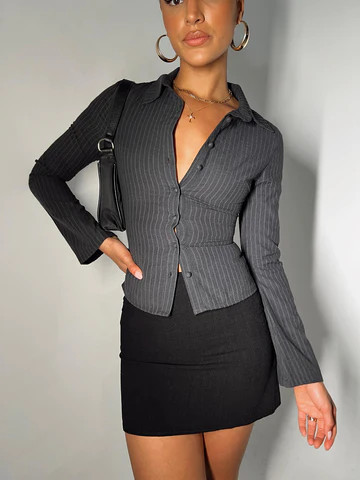 Anni Pinstripe Shirt Black | Princess Polly US