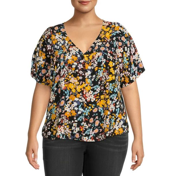 Terra & Sky Women's Plus Size Button Front Short Sleeve Shirt - Walmart.com | Walmart (US)