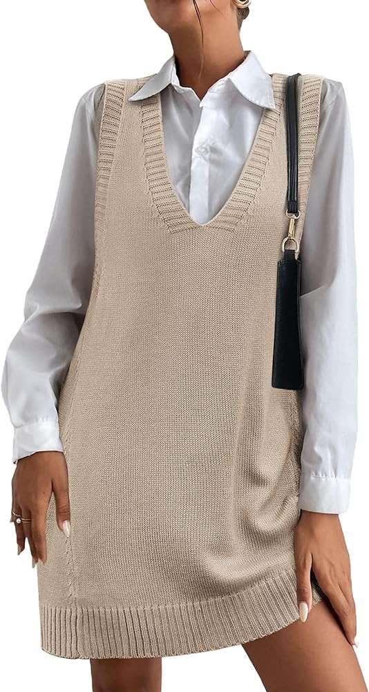 HOTOUCH Women Sweater Vest Oversized V Neck Sleeveless Knit Pullover Ribbed Vest Dress with Pocke... | Amazon (US)