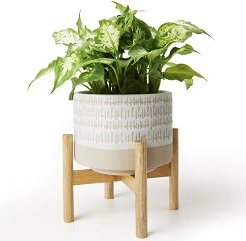 Ceramic Plant Pot with Stand - 7.3 Inch Boho Style Decorative Cylinder Flower Pot with Wood Plant... | Amazon (US)
