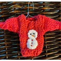 Snowman Ornament, Hand-Knit Christmas Ornament W Snowman Appliqué, Mini Sweater Ornament | Etsy (US)
