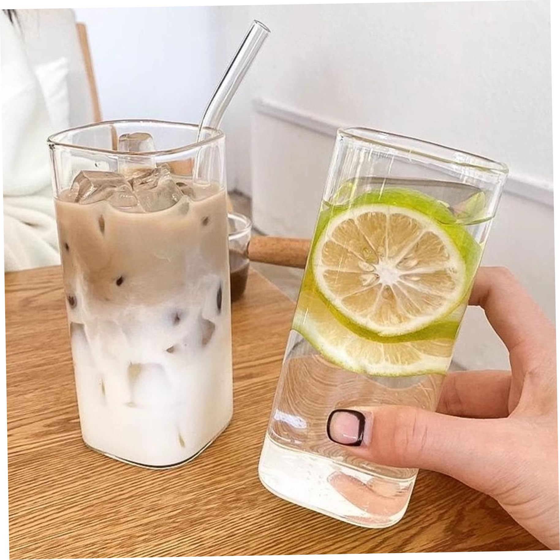 Sanfiyya Square Coffee Glass Cup, 4Pcs Transparent Milk Tea Juice Cups with Lids and Straws, 400m... | Amazon (US)