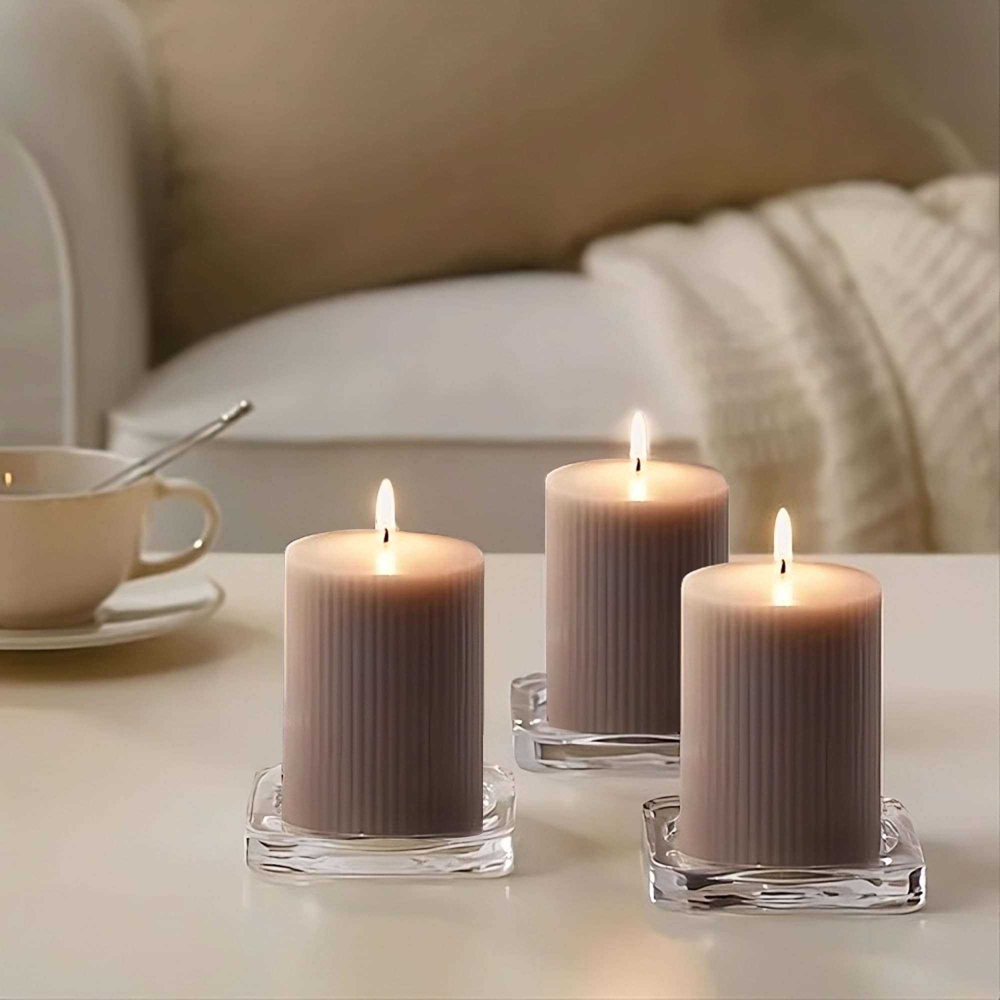 3-Pack Taupe Beige Ribbed Pillar Candles Unscented, 2.75x4 Inches Whisper Pink Beige Candles Hand... | Amazon (US)
