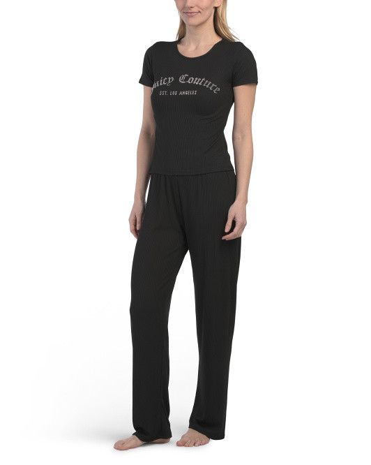 2pc Ribbed Short Sleeve And Pants Lounge Set With Rhinestone Detail | TJ Maxx