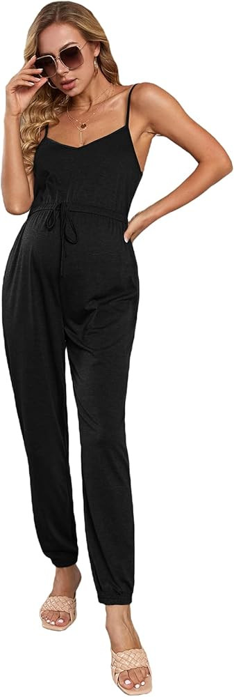 OYOANGLE Women's Maternity V Neck Adjustable Spaghetti Straps Sleeveless Knot Wide Leg Long Pants... | Amazon (US)