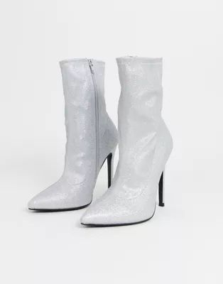 ASOS DESIGN Esmerelda high heeled sock boots in silver glitter | ASOS | ASOS (Global)