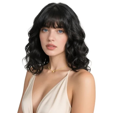 Creamily 14"Black Wig for Women Short Wavy Curly Bob Wigs with Bangs Natural Black Hair Wigs Heat Resistant Synthetic Wigs | Walmart (US)