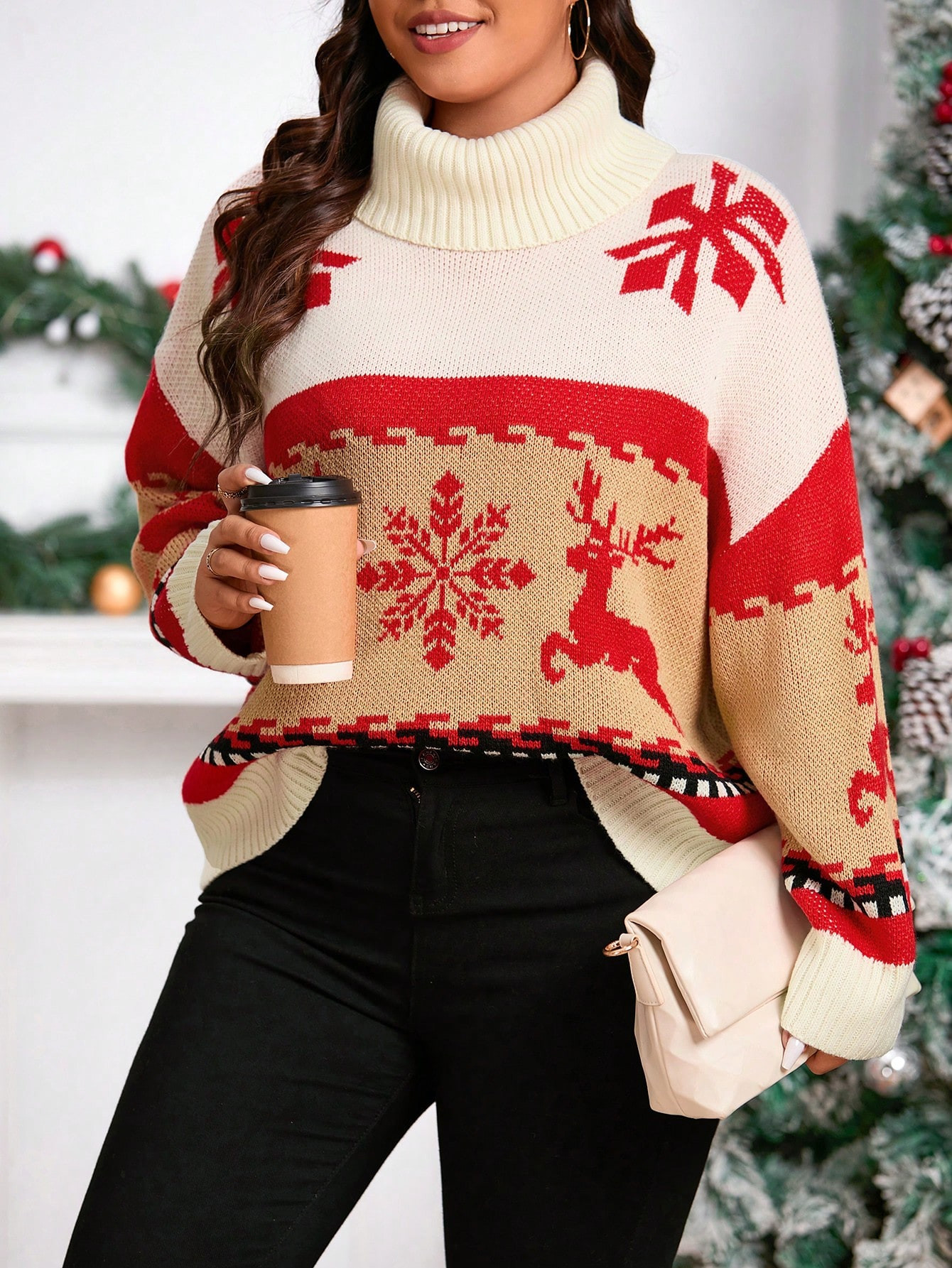 SHEIN LUNE Plus Christmas Pattern Turtleneck Drop Shoulder Sweater | SHEIN