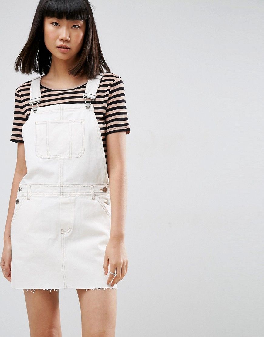 ASOS Denim Overall Dress in Off White With Tobacco Stitch - White | ASOS US