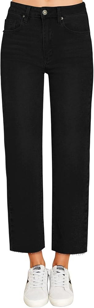 KDF Women's Cropped Straight Leg Jeans - High Waisted Jeans for Women 7/8 Length Denim Pants with... | Amazon (US)