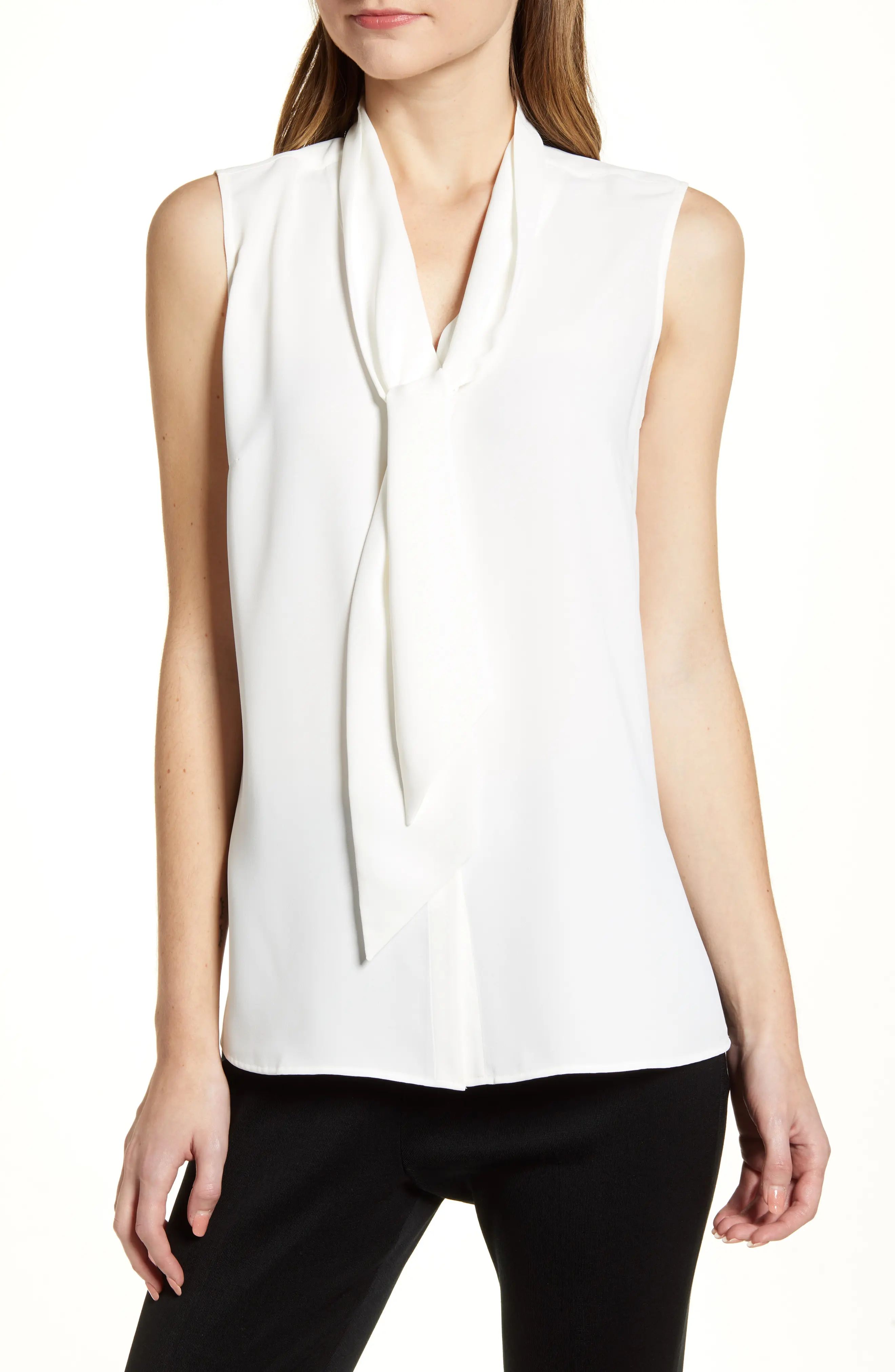 Ming Wang Crepe Tie Neck Sleeveless Blouse in White at Nordstrom, Size Large | Nordstrom
