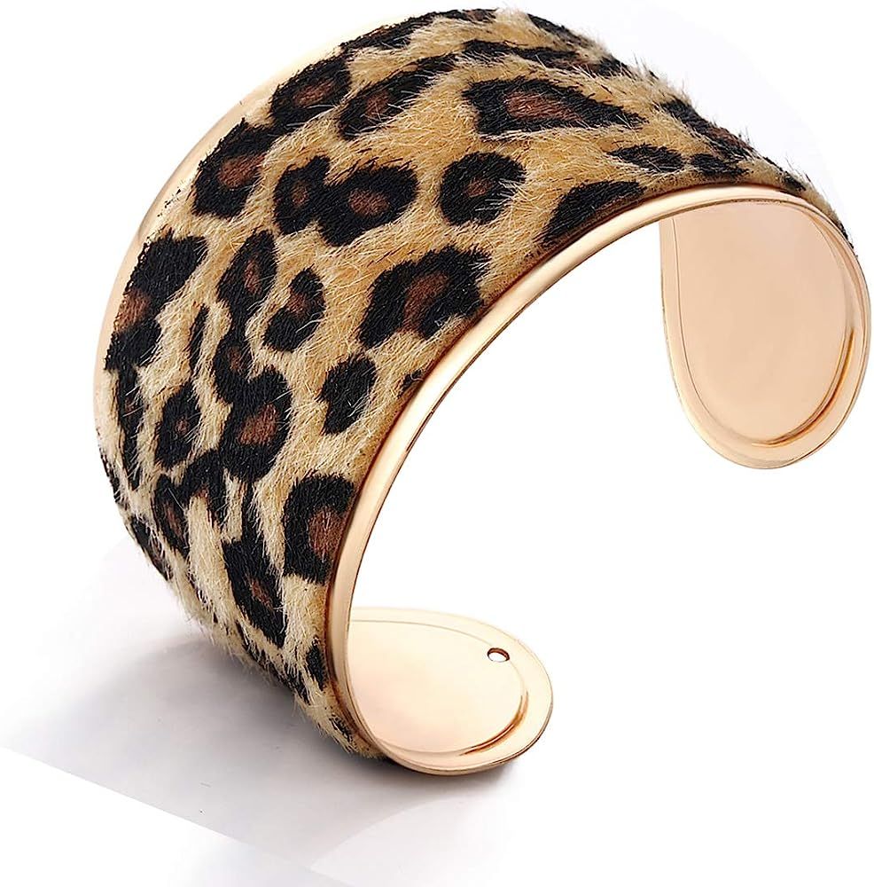 Leopard Cuff Bracelet for Women Horse Hair Leather Wide Gold Open Bangle Bracelets | Amazon (US)