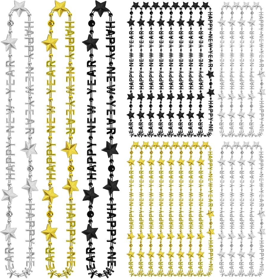 100PCS New Years Necklaces, Black Gold Silver Bead Necklace, 3 Kinds of HAPPY NEW YEAR Bead Neckl... | Amazon (US)