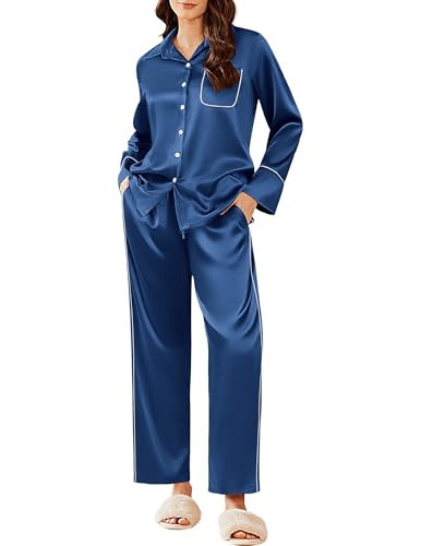 Ekouaer Silk Pajamas for Women Satin Pajama Sets Button Down Lounge Sets Silky Pajama Long Pants Sleepwear with Pockets Navy Blue | Amazon (US)
