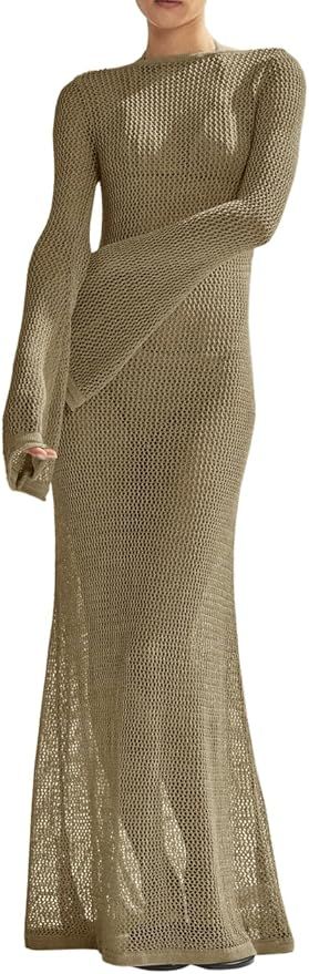 Saodimallsu Womens Crochet Cover Ups Long Sleeve Sexy Mesh Backless Knit Swimsuit Coverup Beach M... | Amazon (US)