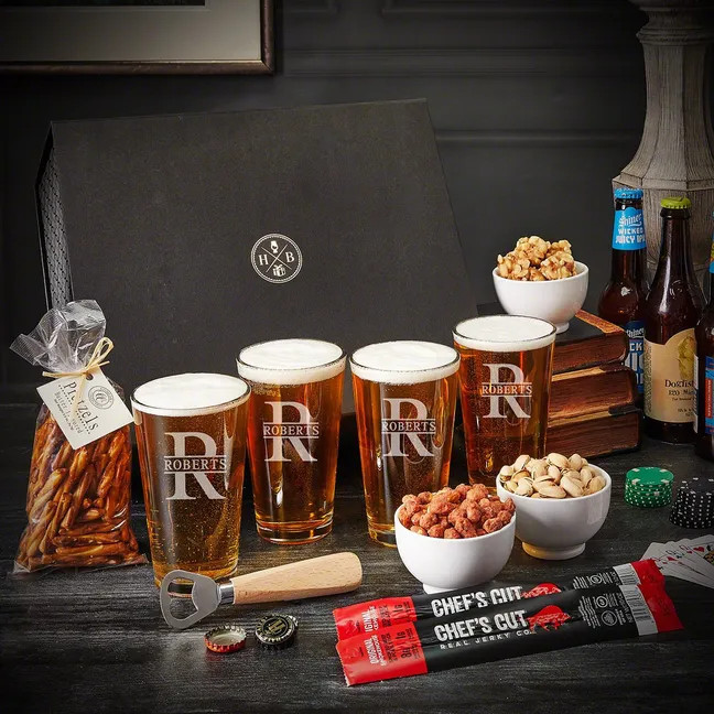 Ultimate Boxed Beer Gifts Set - 13pc with Custom Pint Glasses and Snacks | HomeWetBar.com