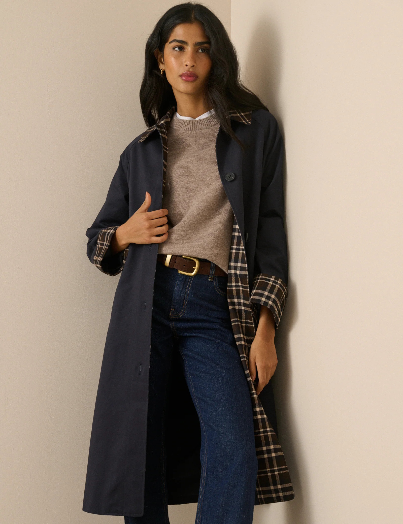 Navy Collared Tartan Trim Car Coat | Nobody's Child