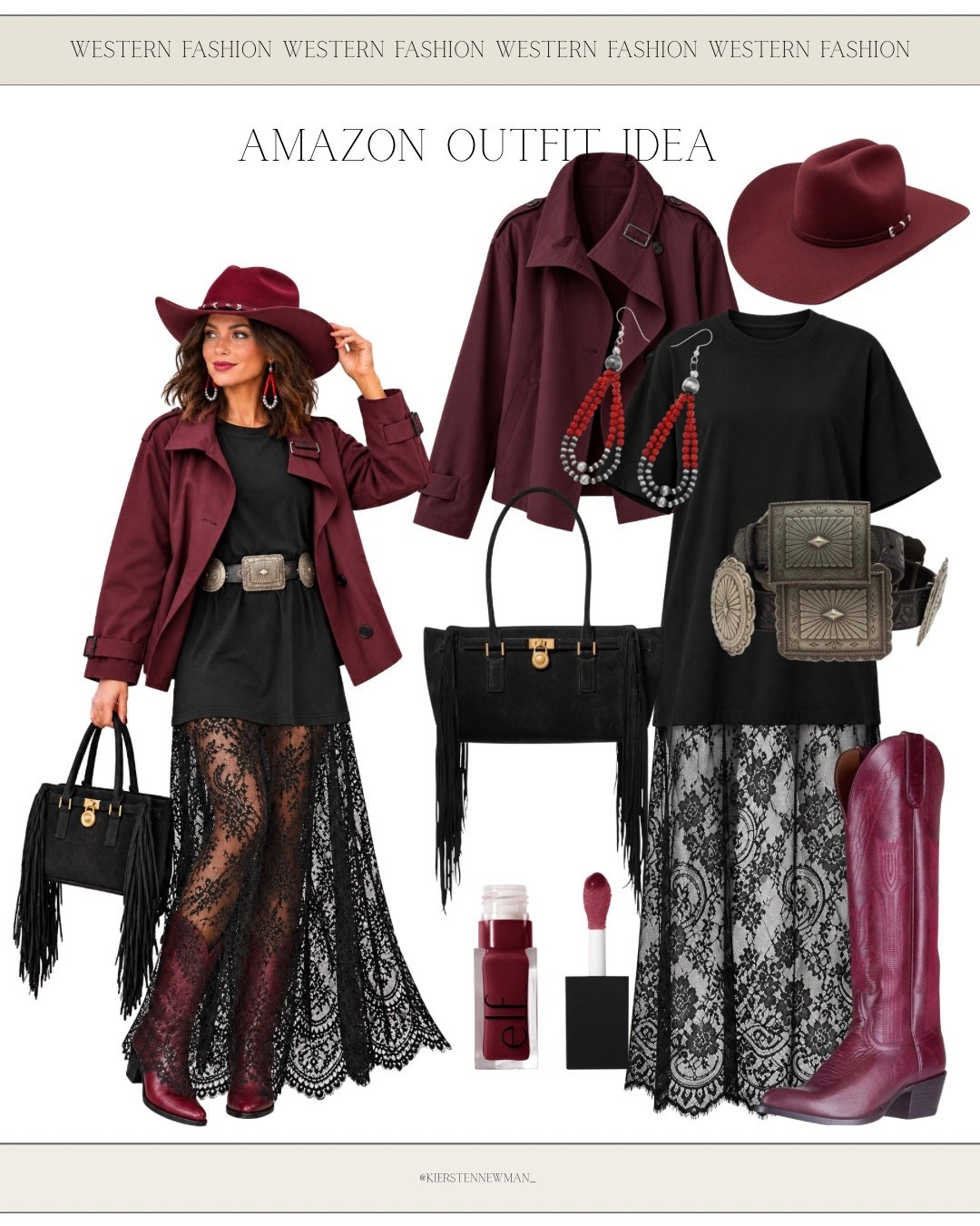 Burgundy is having its western moment! 🍷🤠 This rich burgundy jacket and matching cowboy hat paired with a black top, sheer lace maxi skirt, and statement western belt create the perfect edgy NFR outfit. Finish with burgundy boots, fringe accessories, and bold jewelry for a showstopping Vegas look!

#NFR2026 #NFRFashion #WesternOutfitIdeas #BurgundyOutfit #CowgirlFashion #WesternGlam #LaceSkirt #VegasStyle #AmazonFashionFinds #LTKStyle #ShopLTK