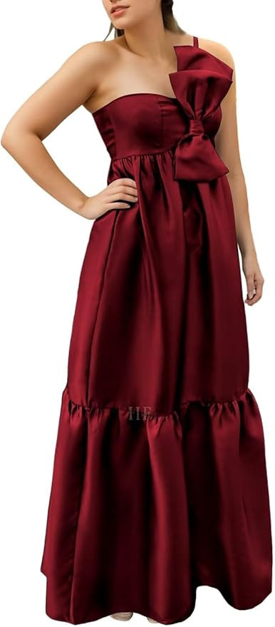 IIF Women's One Shoulder Bridesmaid Dresses with Bow Long Prom Dress Satin Formal Maternity Dress... | Amazon (US)