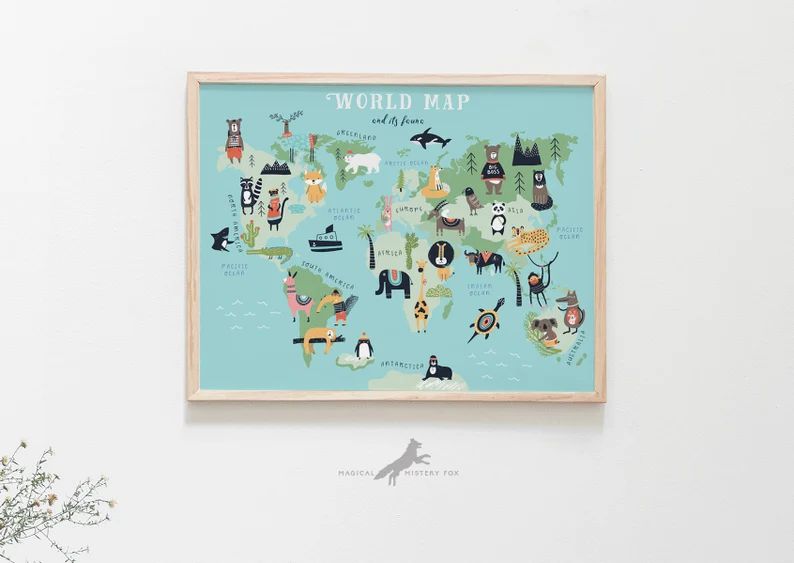 Animals World Map Art Print, Kids Woodland Map Printable, Classroom Decor, Nursery Room Wall Art,... | Etsy (US)