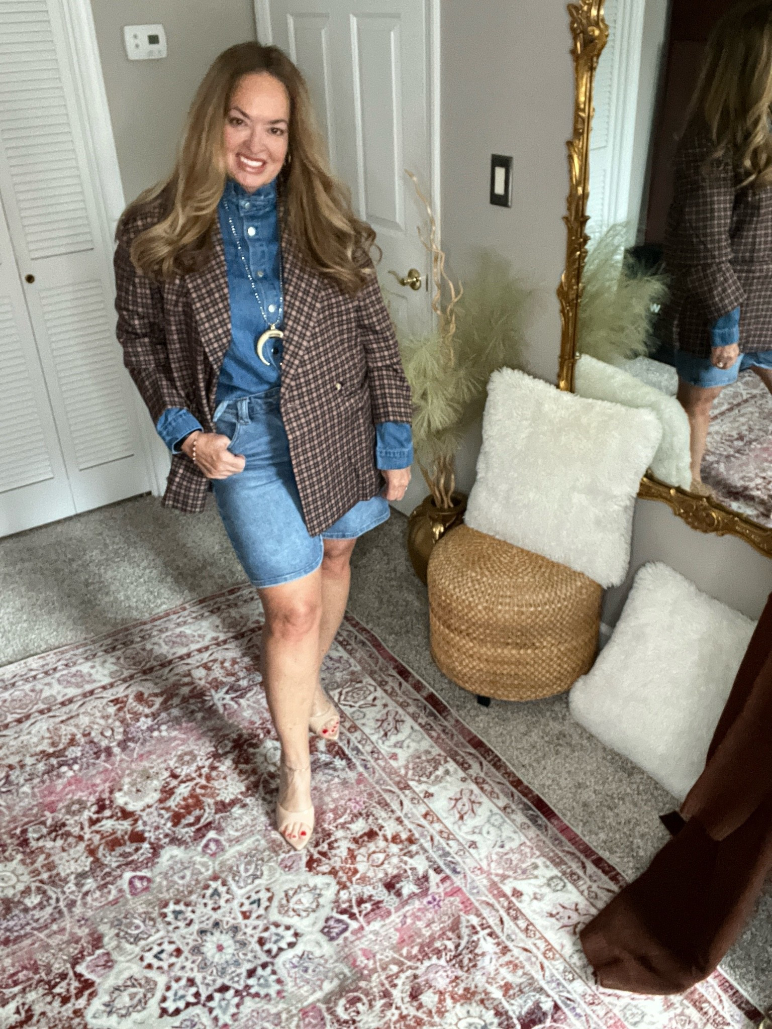 Updated denim shirt with high neck ruffles collar. Oversized blazer in brown black check.?

#LTKdayinmylife #LTKWorkwear #LTKgrwm