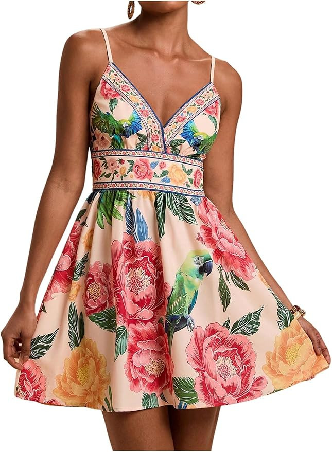 OYOANGLE Women's Floral V Neck Short Cami Dress Shirred Back Ruffle A Line Boho Sundress Hawaiian... | Amazon (US)