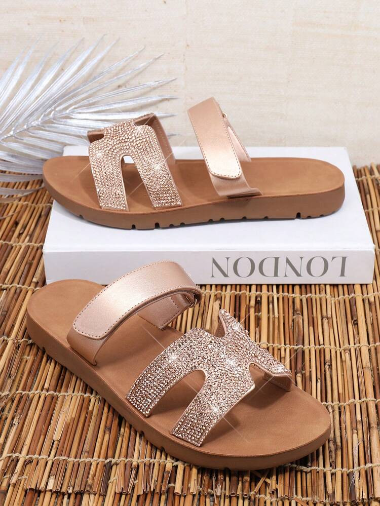 SHUZIA Women Shoes Slide Comfort Rhinestone Rose Gold Slip-On | SHEIN