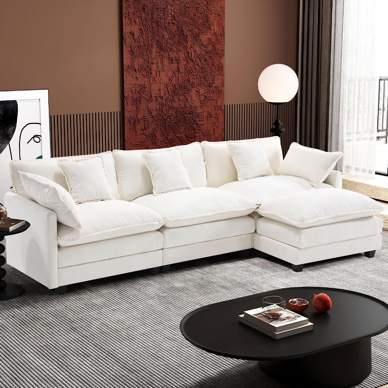 Ihanherry 111.4" L Shaped Modern Sofa Modular Sectional Cloud Couch with Ottoman, 4-Seat Chenille Deep Seat Sofa with Pillow for Living Room, Bedroom and Apartment, Beige | Amazon (US)