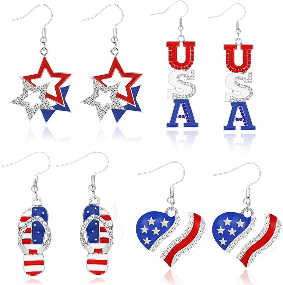 American Flag Earrings 4th of July Earrings for Women Alloy Heart Star Flag Dangle Drop Earrings ... | Amazon (US)