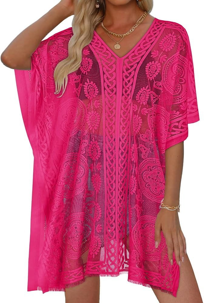 Womens Lace Bathing Suit Cover Up V Neck Beach Coverup Summer Bikini Dress     Elegant Plus Size ... | Amazon (US)