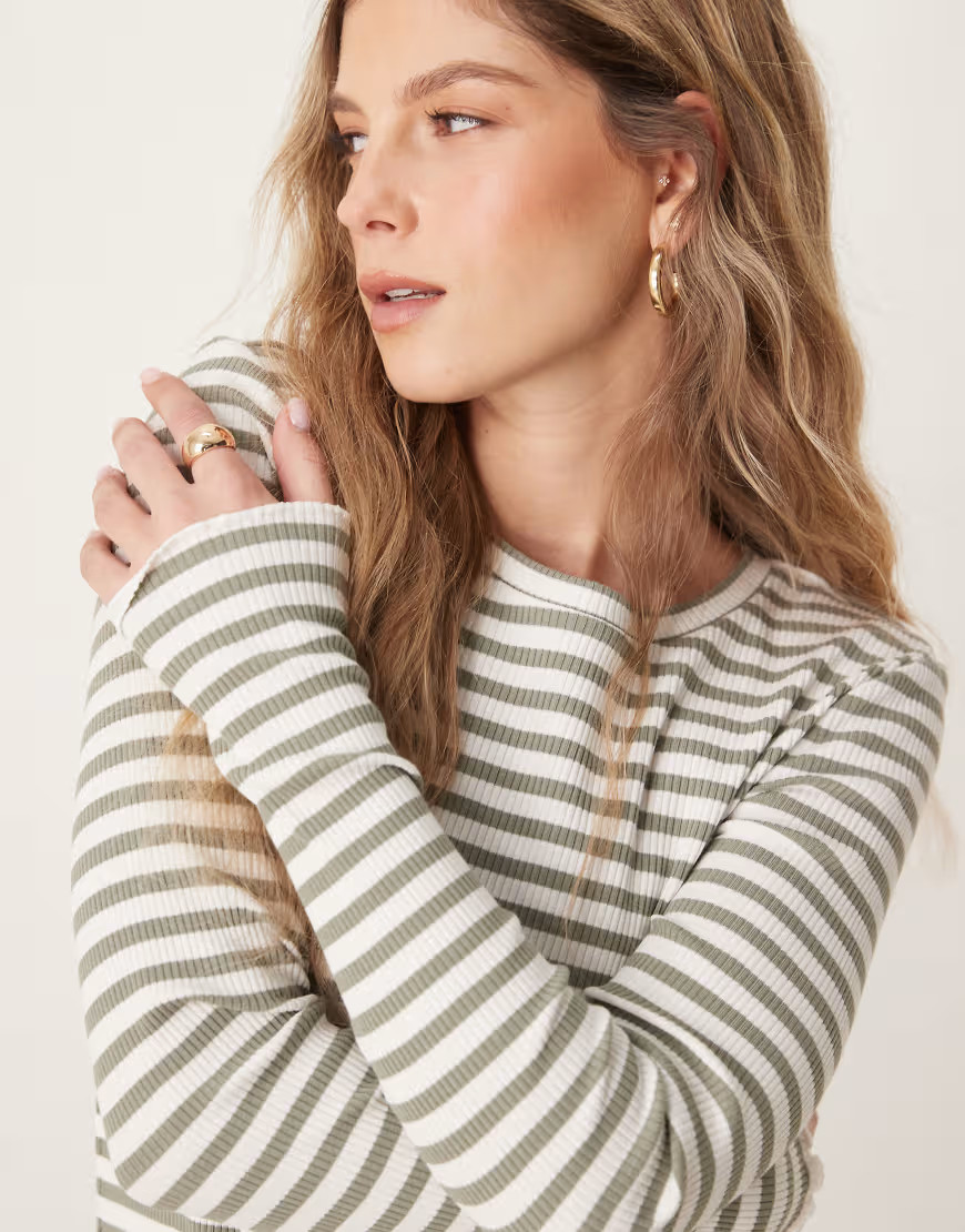 Selected Femme long sleeve ribbed t-shirt in green white stripe | ASOS (Global)