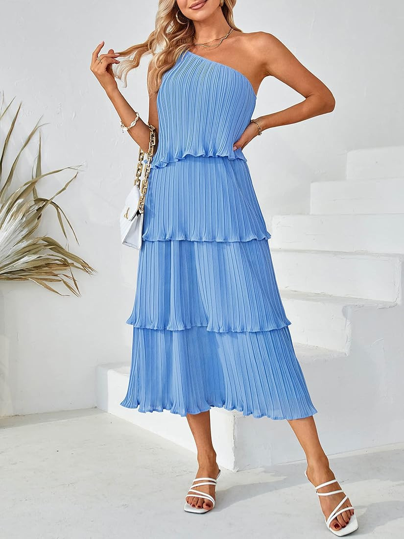 MEROKEETY Women's Summer One Shoulder Sleeveless Pleated Ruffle Tiered Layered Chiffon Party Dress | Amazon (US)