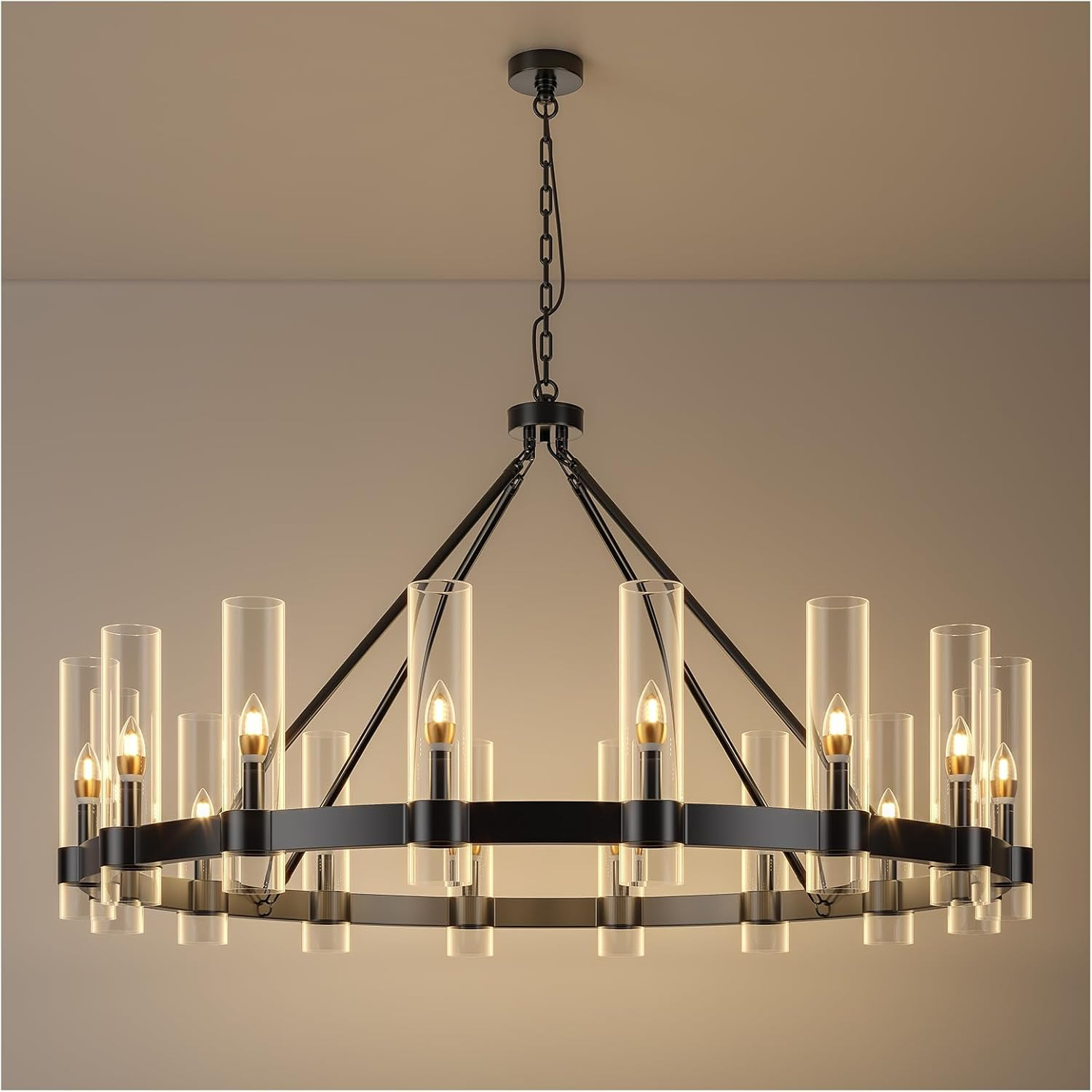 48 Inch Black Wagon Wheel Chandelier with Glass Shade, 16 Lights, Modern Farmhouse Style, Ideal f... | Amazon (US)