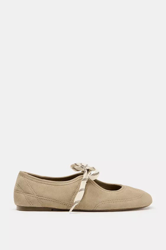SPLIT LEATHER LACE-UP BALLET FLATS | Zara US
