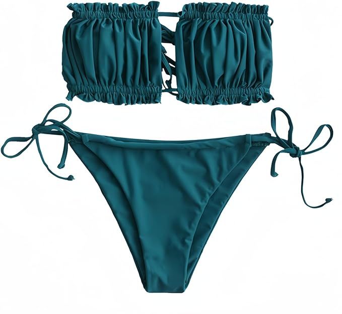 ZAFUL Women 2 Piece Strapless Bikini Swimsuits Ruffle Ribbed Bandeau Bikini Set High Cut Bathing ... | Amazon (US)