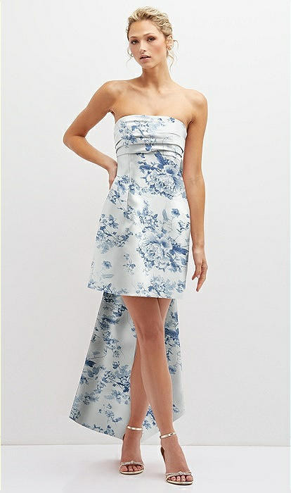 Floral Strapless Satin Column Mini Dress with Oversized Bow in Cottage Rose Larkspur | The Dessy Group