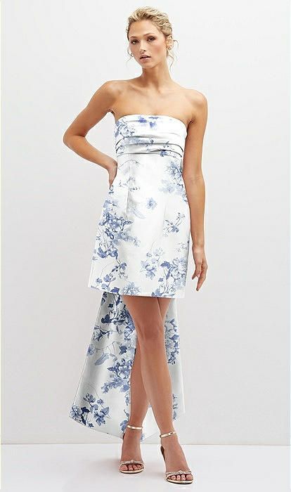 Floral Strapless Satin Column Mini Dress with Oversized Bow in Cottage Rose Larkspur | The Dessy Group