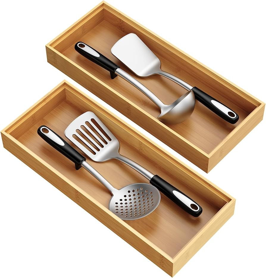 Bamboo Drawer Organizer, Stackable Utensil Trays for Kitchen, Wood Silverware Organizer for Drawe... | Amazon (US)