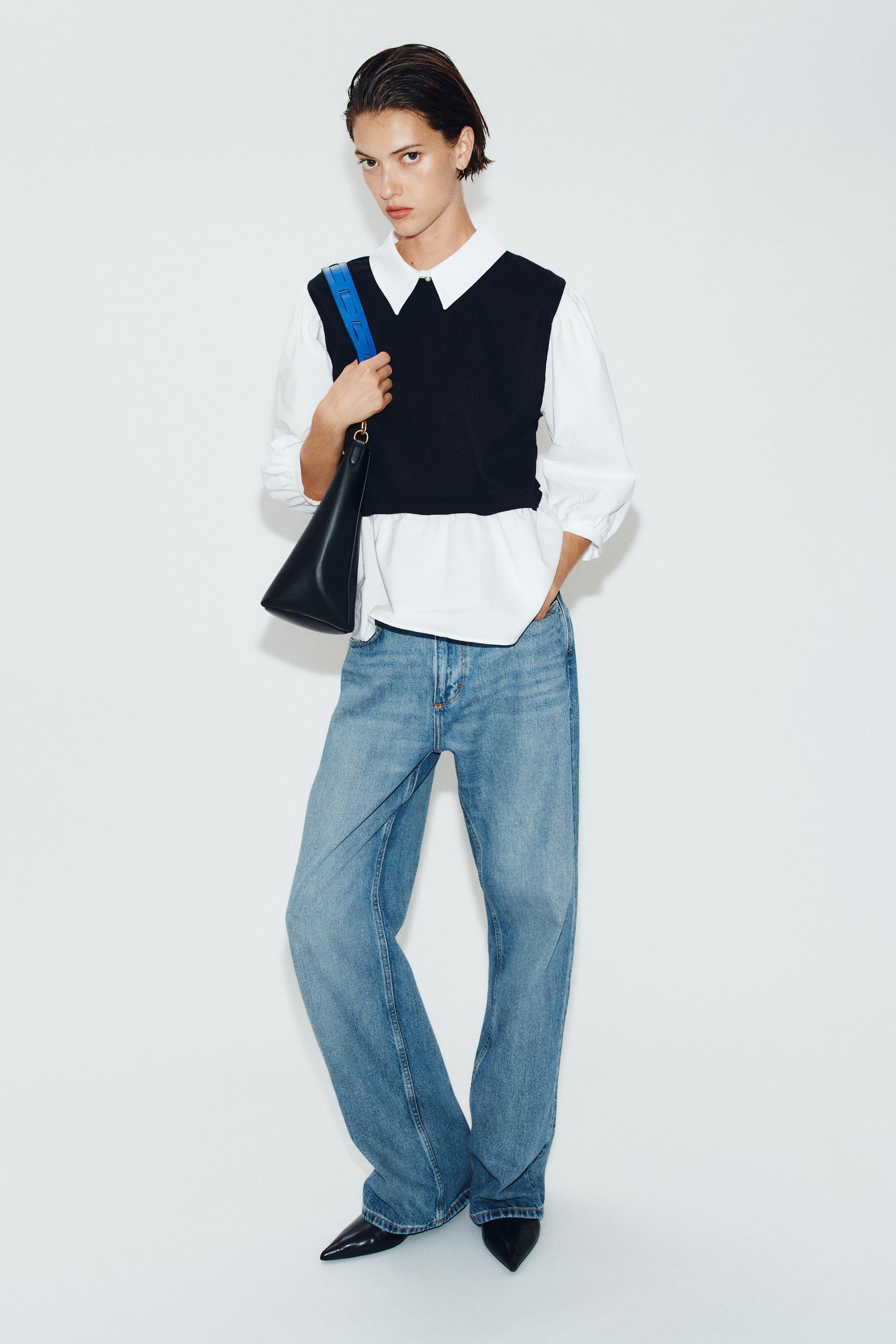 Zara - Contrasting Poplin Shirt - Black / White - S - Woman | Zara Canada