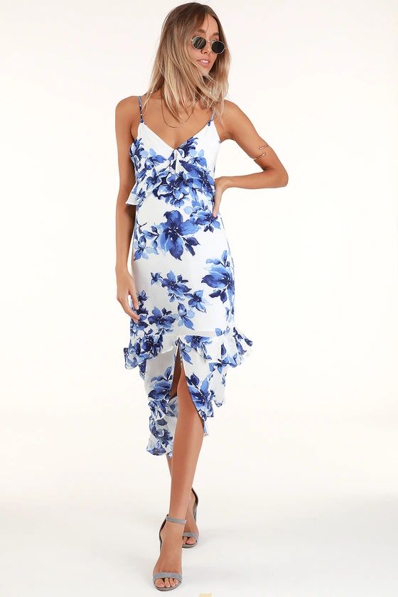 Island Time Blue and White Floral Print Ruffled Midi Dress | Lulus