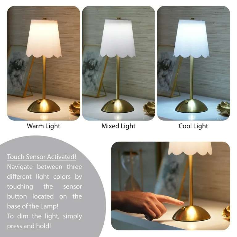 Home Decor Collection Cordless Rechargeable 11.9" Brass Table Lamp with Dimmable 3 Option Lights | Walmart (US)