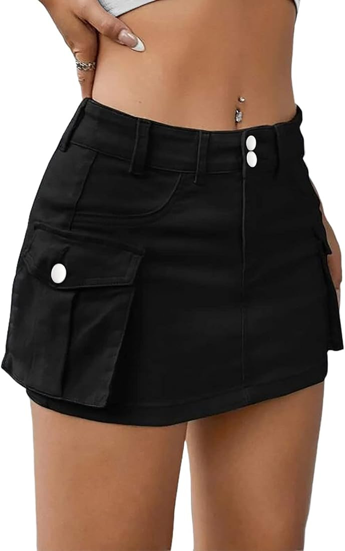 Low Waist Cargo Skirt Women Button Mini Cargo Denim Skirt with Pocket Mini Skirt | Amazon (US)