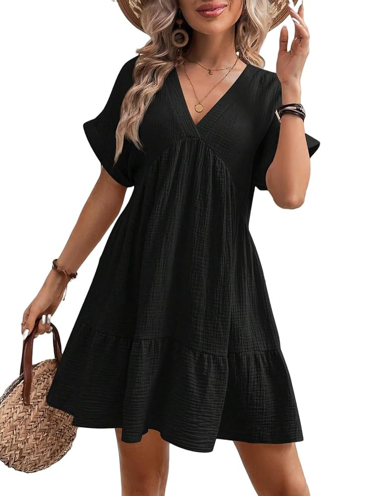 Women's Summer Casual Dress V Neck Short Sleeve Ruffle A Line Babydoll Dress Loose Flowy Swing Sh... | Amazon (US)