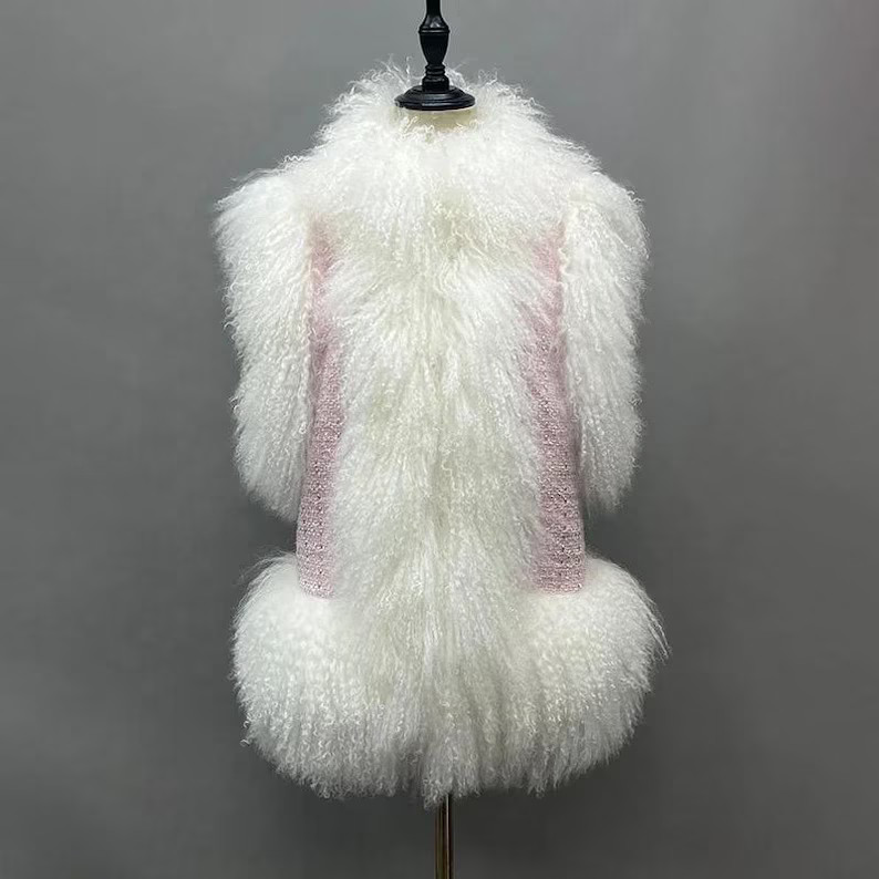 Pink Tweed White Mongolian Fur Trim Vest | Etsy (US)