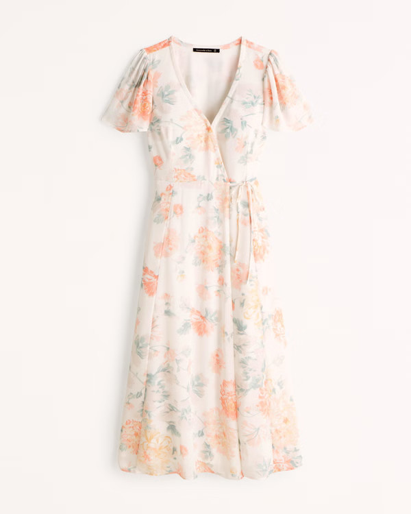 Women's Angel Sleeve Wrap Midi Dress | Women's Best Dressed Guest Collection | Abercrombie.com | Abercrombie & Fitch (US)
