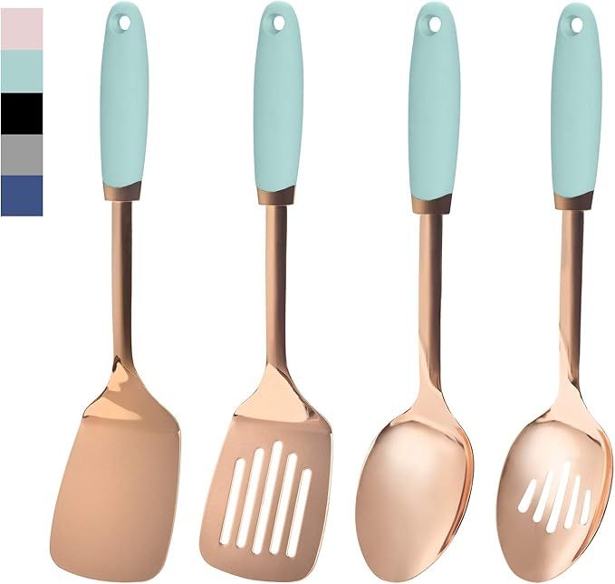 Cook With Color 4 Piece Rose Gold Stainless Steel Cooking Utensil Set with Mint Green Silicone Ha... | Amazon (US)