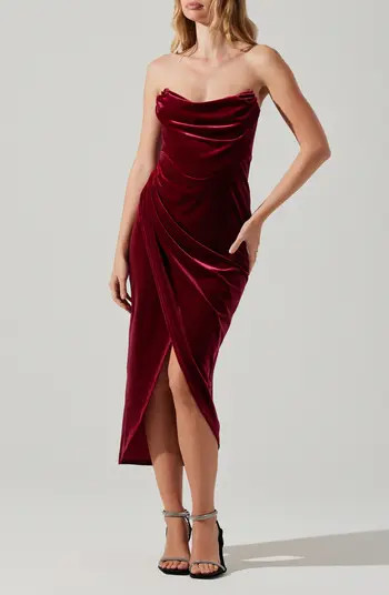ASTR the Label Meghan Ruched Strapless Velvet Midi Dress | Nordstrom | Nordstrom