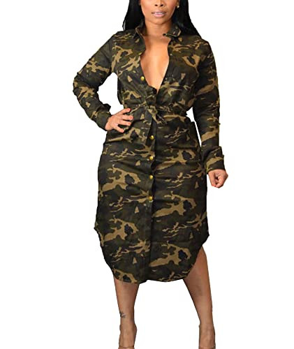 xxxiticat Women's Camo Print Midi Dress Long Sleeve Button Down Single Breasted Lace Up Belted Camoufalge Pencil Dress(CA,S) | Amazon (US)